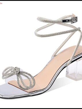 Clear Bow Heels Women Rhinestone Heeled Sandals Square Toe Block Chunky Heels